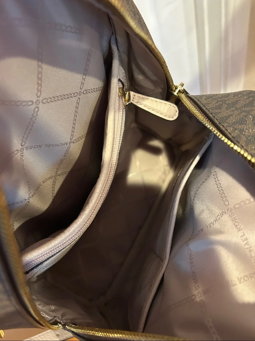 Michael Kors Dark Brown MK Monogram Backpack with Light Pink Trim